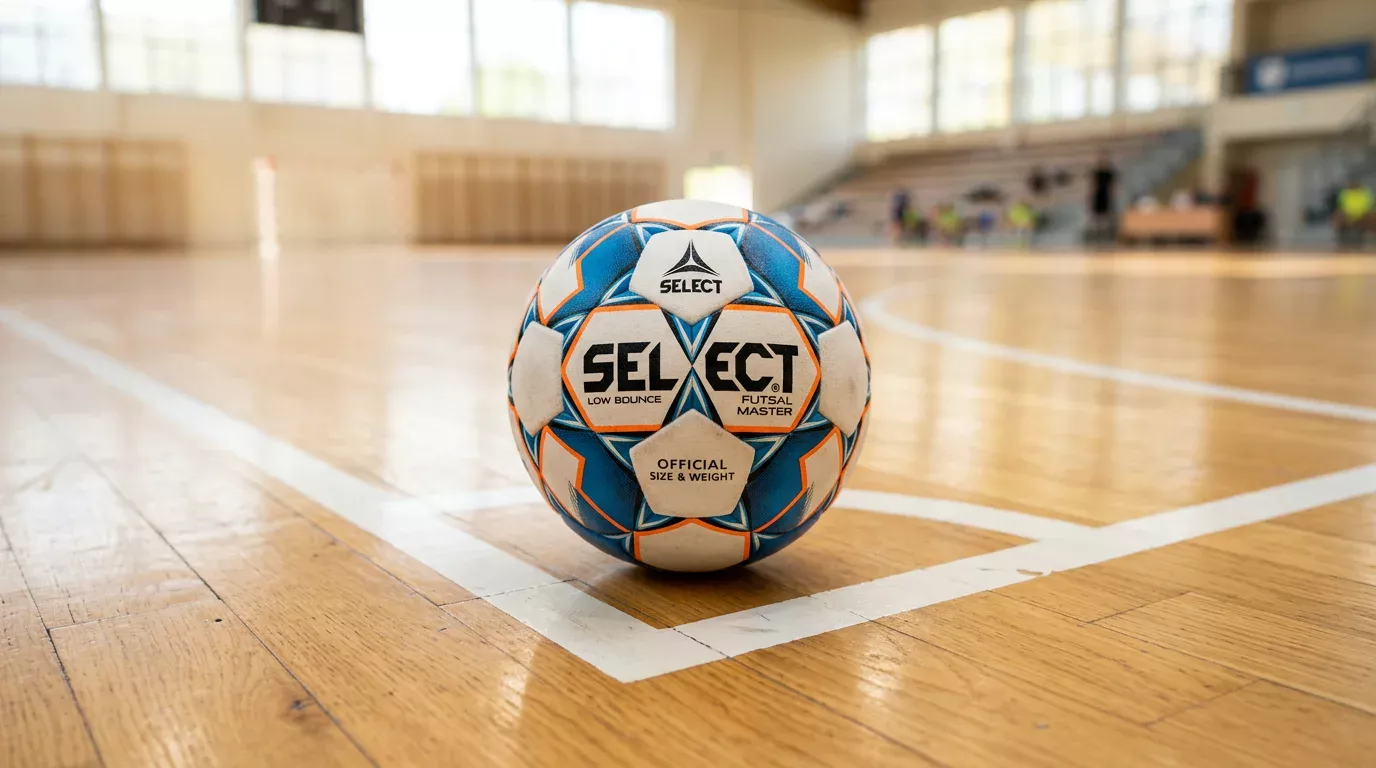 Offizieller Futsal-Ball mit reduziertem Sprungverhalten auf dem Parkett einer Hallenfußball-Halle