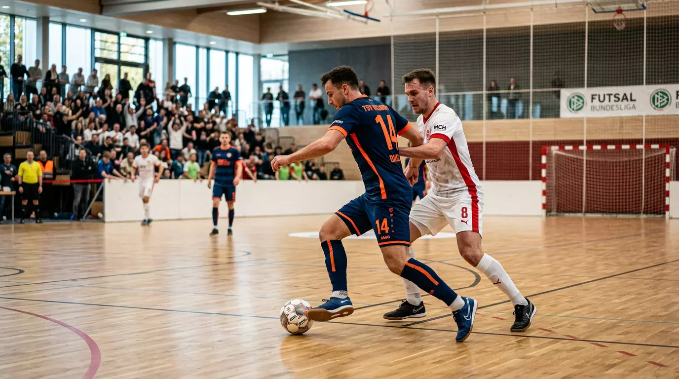 Spielszene aus der deutschen Futsal-Bundesliga in einer Sporthalle mit zwei Mannschaften am Ball