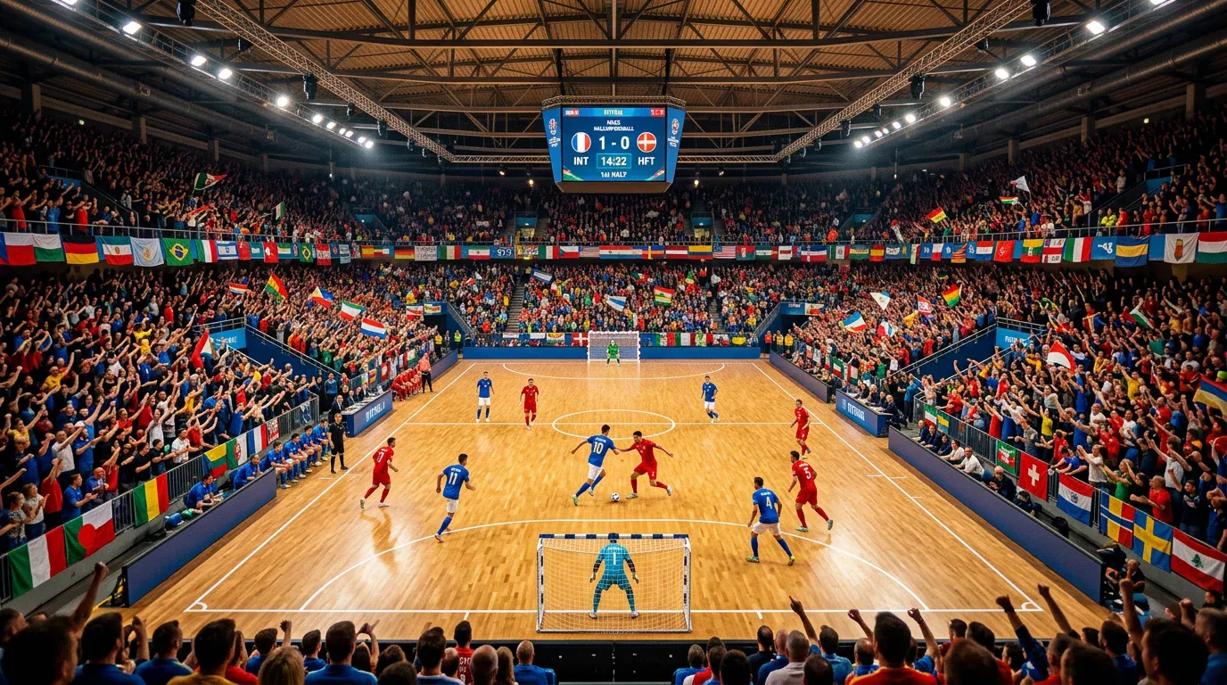 Ausverkaufte Futsal-Arena mit jubelnden Fans während eines internationalen Hallenfußball-Turniers