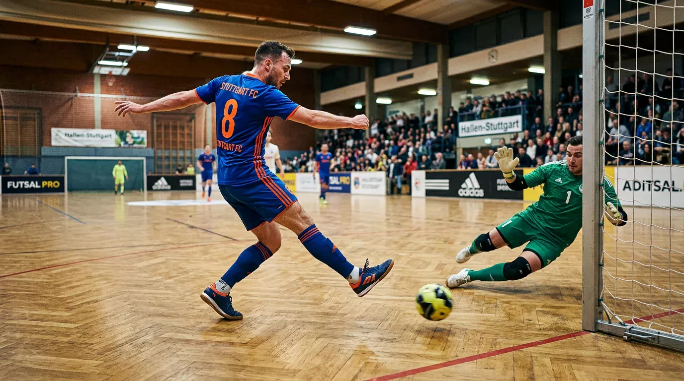 Futsal-Spieler beim Torabschluss vor dem Tor in einer Hallenfußball-Partie