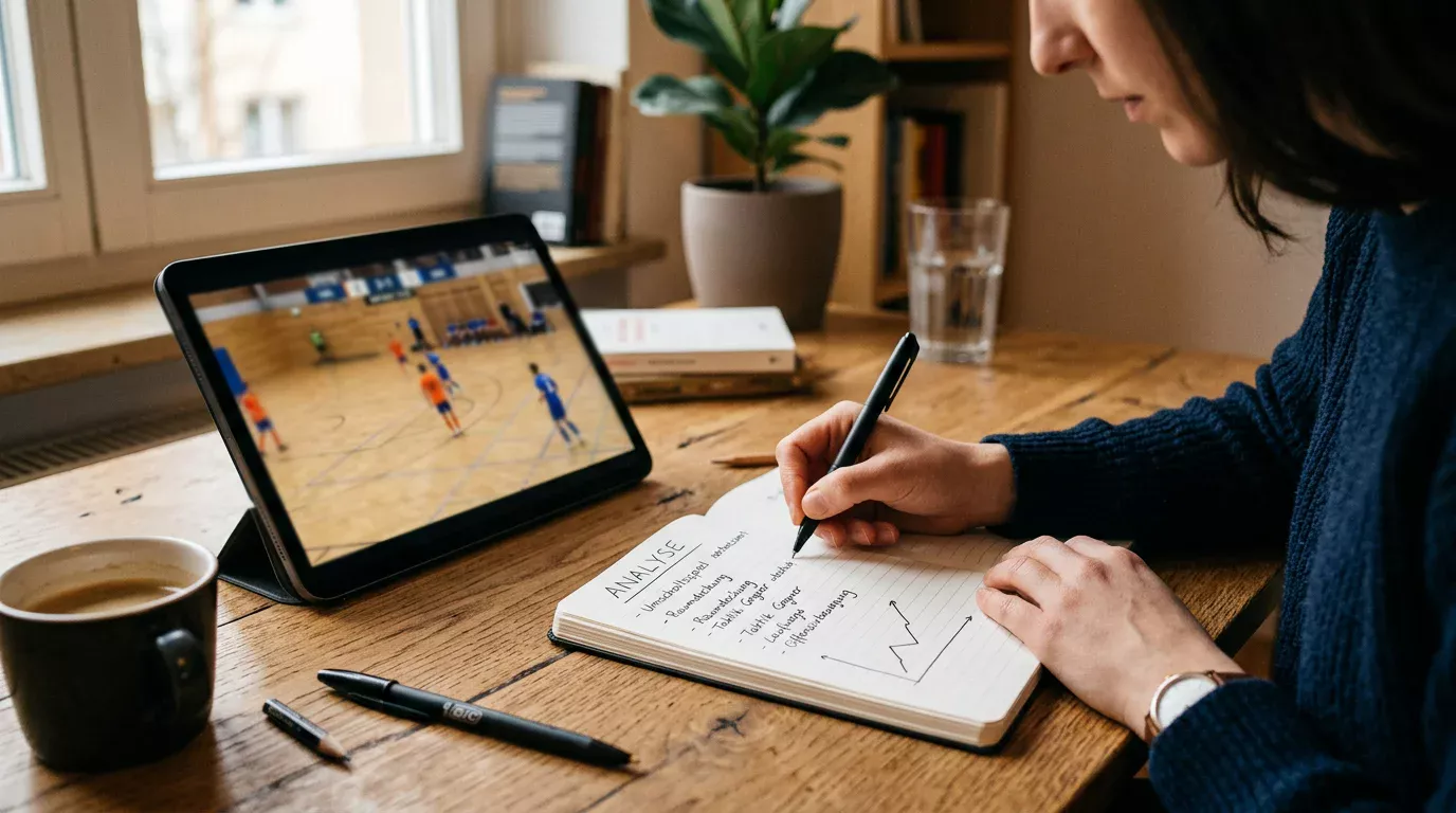 Person macht sich vor einem Futsal-Spiel handschriftliche Notizen zur Wettanalyse in einem Notizbuch